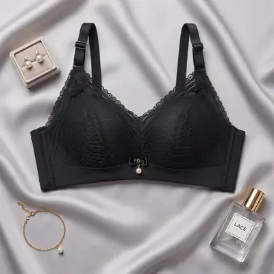 Women's Elegant Floral Lace Wire-Free Bra, Full Coverage Soft Padded Bra with Pearl Pendant Charm & Wide Back Smoothing