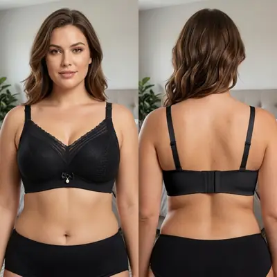 Women's Elegant Floral Lace Wire-Free Bra, Full Coverage Soft Padded Bra with Pearl Pendant Charm & Wide Back Smoothing thumbnail 4