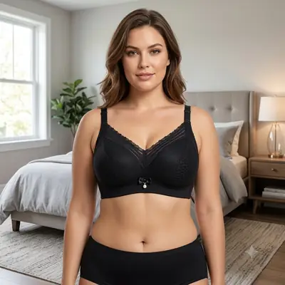 Women's Elegant Floral Lace Wire-Free Bra, Full Coverage Soft Padded Bra with Pearl Pendant Charm & Wide Back Smoothing thumbnail 5