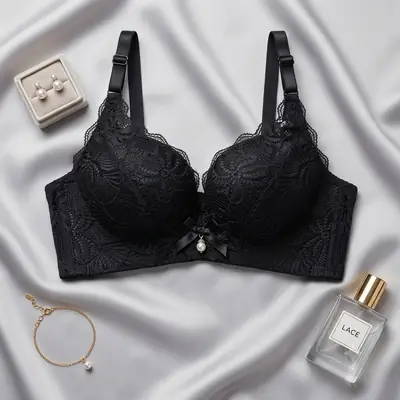 Women's Elegant Floral Lace Wire-Free Bra, Full Coverage Soft Padded Bra with Pearl Pendant Charm & Wide Back Smoothing