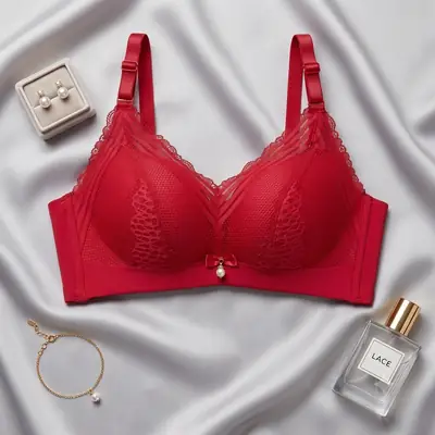 Women's Elegant Floral Lace Wire-Free Bra, Full Coverage Soft Padded Bra with Pearl Pendant Charm & Wide Back Smoothing