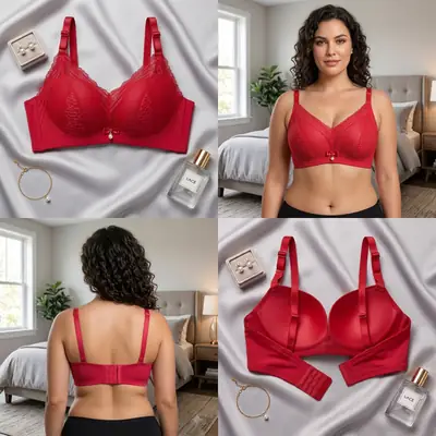 Women's Elegant Floral Lace Wire-Free Bra, Full Coverage Soft Padded Bra with Pearl Pendant Charm & Wide Back Smoothing thumbnail 3