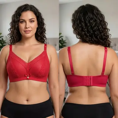 Women's Elegant Floral Lace Wire-Free Bra, Full Coverage Soft Padded Bra with Pearl Pendant Charm & Wide Back Smoothing thumbnail 4