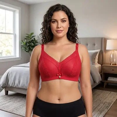 Women's Elegant Floral Lace Wire-Free Bra, Full Coverage Soft Padded Bra with Pearl Pendant Charm & Wide Back Smoothing thumbnail 5