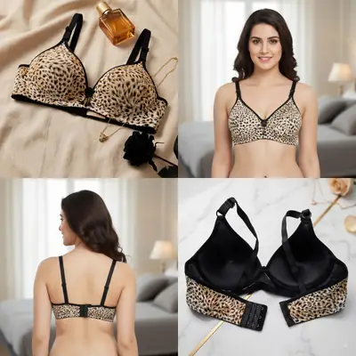 Women's Wild Leopard Print Wire-Free Bra, Lightly Padded Seamless T-Shirt Bra, thumbnail 3