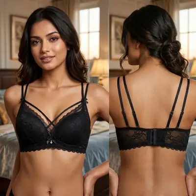 Women's Floral Lace Wire-Free Bra, Cross-Front Caged Straps & Double Shoulder Straps,