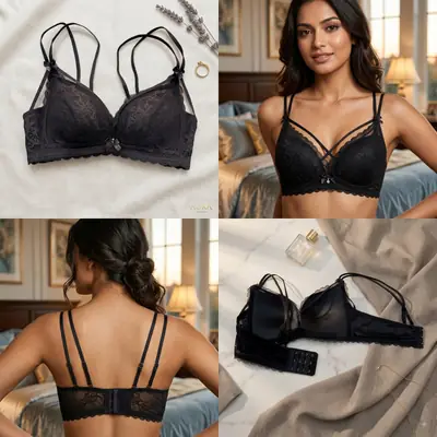 Women's Floral Lace Wire-Free Bra, Cross-Front Caged Straps & Double Shoulder Straps, thumbnail 3