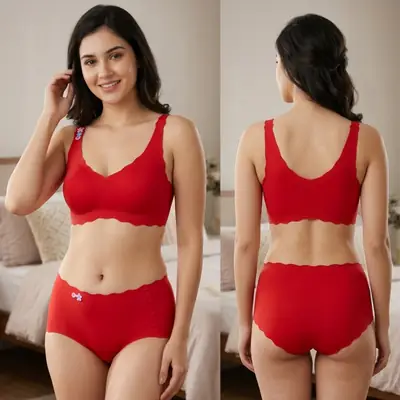 Women's Seamless Wireless Bra & Panty Set, Ultra-Soft Scallop Edge Padded Bralette with Matching Seamless Briefs thumbnail 2