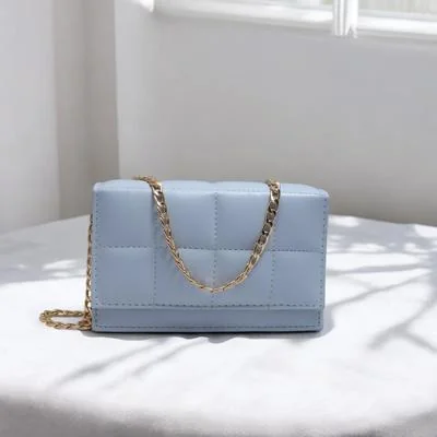 Sky Blue Quilted Crossbody Bag with Gold Chain Strap