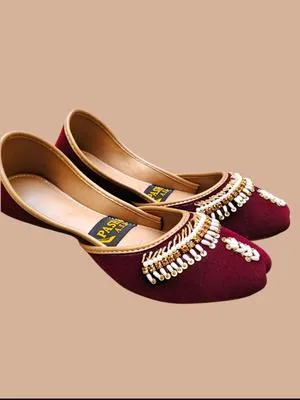 Women's Velvet Rhinestone Khussa Maroon Fancy Formal Party Wear thumbnail 2