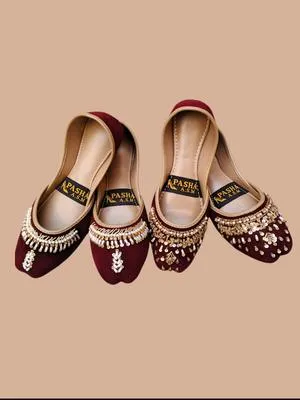 Women's Velvet Rhinestone Khussa Maroon Fancy Formal Party Wear thumbnail 4