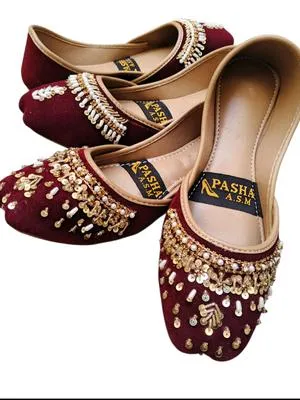 Women's Velvet Rhinestone Khussa Maroon Fancy Formal Party Wear thumbnail 5