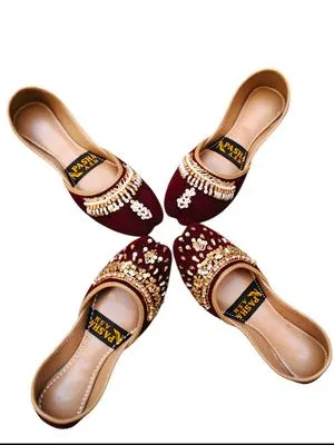 Women's Velvet Rhinestone Khussa Maroon Fancy Formal Party Wear thumbnail 6