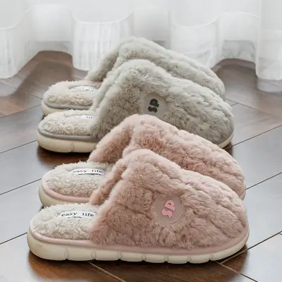 Women Cotton Fluffy Slippers Pink Grey Winter 2025