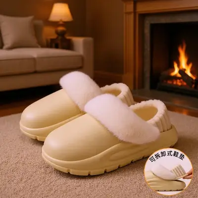 Men's Winter Wool Slippers Black Non-Slip Warm
