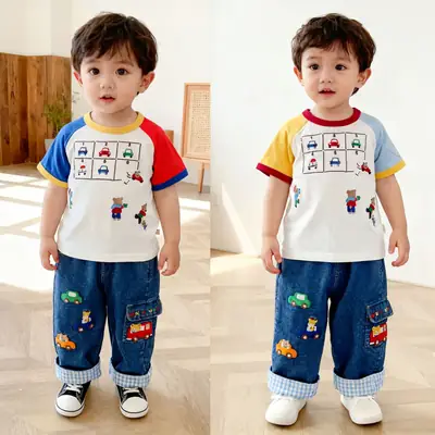 Boys Cartoon Car Patchwork T-Shirt Blue Pants Set