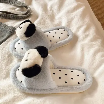 Cute Puppy Furry Slippers for Women Winter Warm Indoor