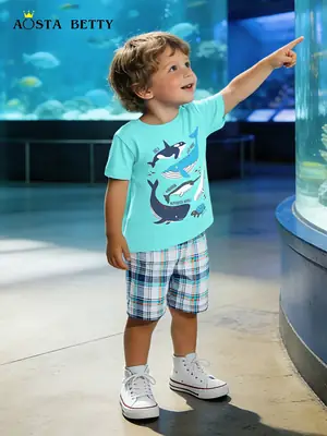 Boys Knitted Cotton T-Shirt & Shorts Set Turquoise Plaid