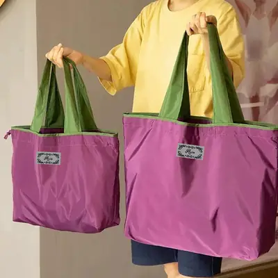 Foldable Drawstring Grocery Bag Purple Green Waterproof Large Capacity