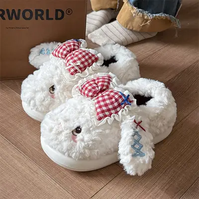 Women Winter Bow Heel Fleece Slippers Blue