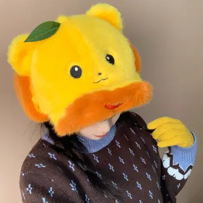 Orange Bear Plush Hat for Women Reversible Bim