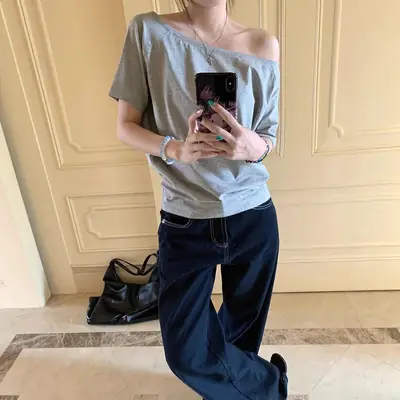 Craftsman One Cross-Border Asymmetrical Off-Shoulder Two-Way Short Sleeve T-Shirt for Women 2026 Spring/Summer New Korean Style Casual Base Shirt Trend