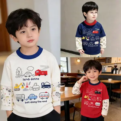 Kids Long Sleeve T-Shirt 2026 Spring Boys Cream Car Print