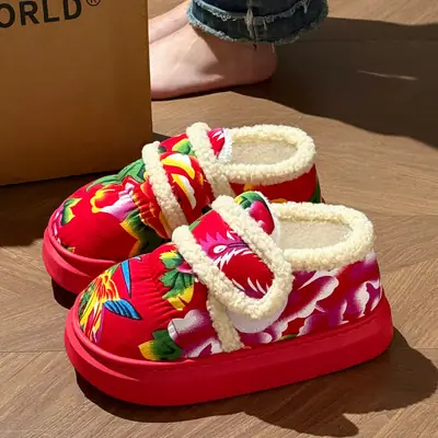Northeastern Large Flower Cotton Shoes for Women, Winter Outer Wear, Thick-Soled Non-Slip Home Plush Warm Bag and Cotton Slippers for Women Wholesale