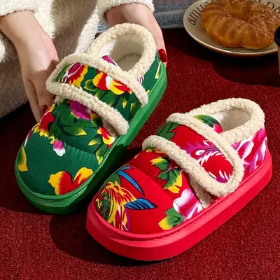 Northeastern Large Flower Cotton Shoes for Women, Winter Outer Wear, Thick-Soled Non-Slip Home Plush Warm Bag and Cotton Slippers for Women Wholesale