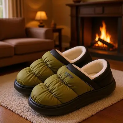 Men's Winter Wool Slippers Olive Green Non-Slip