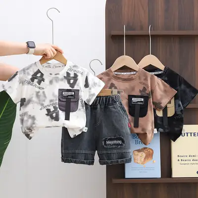 2026 Boys Tie-Dye Cotton Kids Suit Brown Shorts Set