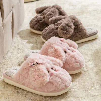 Cute Puppy Furry Cotton Slippers for Women in Autumn and Winter, Indoor and Home, Can Be Worn Outside, Warm and Non-Slip Couple Cotton Slippers