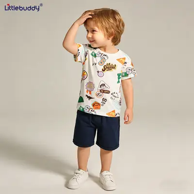 Cross-Border Printed Boys Summer Suit White Blue Shorts