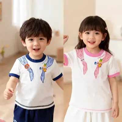 Boys' Cartoon Embroidered T-Shirt White Pink