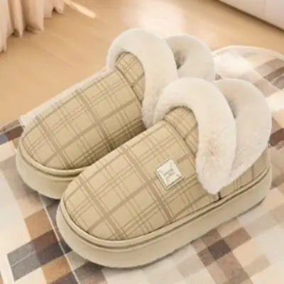 Women Winter Plaid Wool Slippers Tan Non-Slip