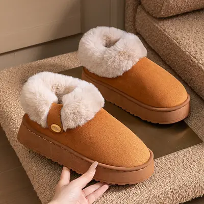 Women's Thick-Soled Bag-Heeled Cotton Shoes for Winter Home Non-Slip Warm Fleece-Lined Thickeneded Outer Wear Plush Snow Cotton Slippers