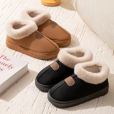 Women's Black Plush High-Top Slippers Winter