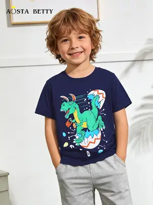 Dinosaur Cartoon Kids T-Shirt Navy Blue Short Sleeve