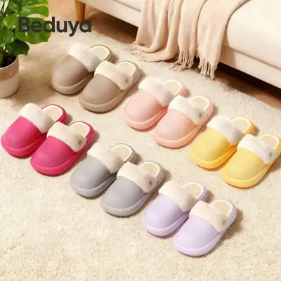 Waterproof Cotton Slippers for Women, Made of Eva Eco-Friendly Material, Simple Style, Winter Plush-Lined for Warmth, Anti-Odor Cotton Slippers for Men, Home Use, Free Shipping