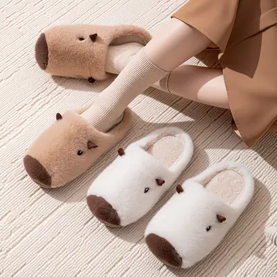Women Winter Cute Plush Slippers Brown White