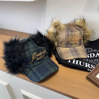 Women Plaid Embroidered Trapper Hat with Fur Trim