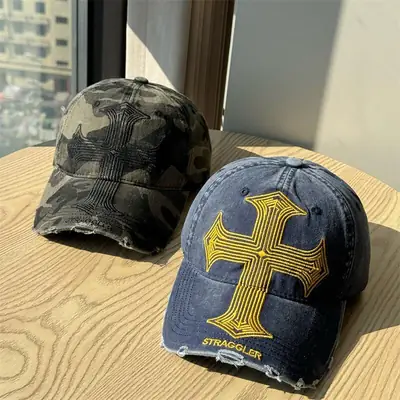 Men's American Cross Distressed Baseball Cap Black
