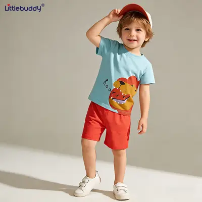 Boys Printed T-Shirt Shorts Set Summer Light Blue Orange