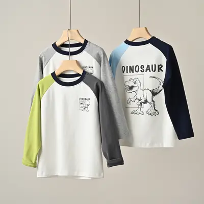 Children's Cartoon Dinosaur Raglan Sleeve T-Shirt White Black Green