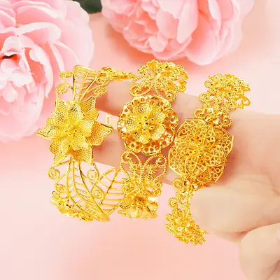 Brass Gold-Plated Rose Flower Bracelet, Vietnamese Gold-Plated Imitation Gold Hollow Filigree Ethnic Style Hand Jewelry for Women Wholesale