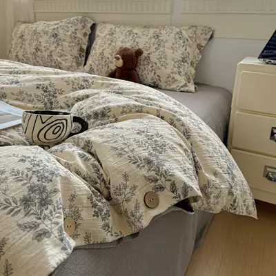 New Retro-Style Buttoned Linen Cotton Four-Piece Set Pure Cotton Single Bed Sheet Duvet Cover Dormitory Bedding