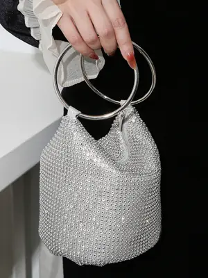 European and American Cross-Border 2025 New Model Pure Handmade Rhinestone Full Diamond Evening Bag Double Ring Handbag Ladies Evening Bag