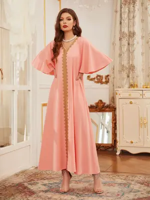 2025 Cross-Border European and American Foreign Trade Women's Ethnic Style Solid Color Dress with Appliqué Trim