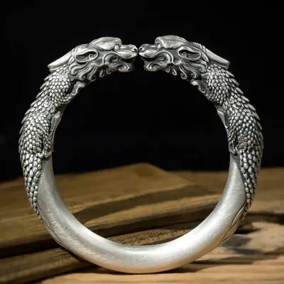Fortune-Attracting Wide Double Pixiu Imitation Sterling Silver Bracelet, Vintage Thick Personalized Open Bangle, Distressed Men's Chinese Style
