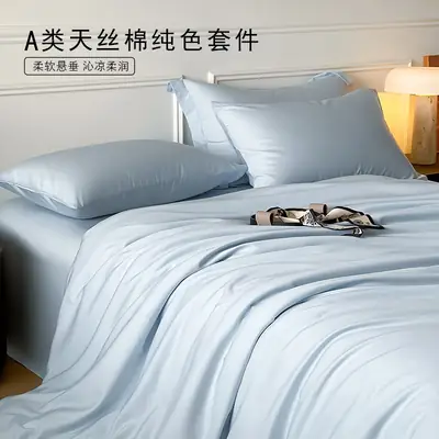 Class a Luxury-Grade ~60S Tencel Cotton Simple Solid Color Four-Piece Set, Cool and Silky for Sleeping, Duvet Cover, Bed Sheet, Real Silk